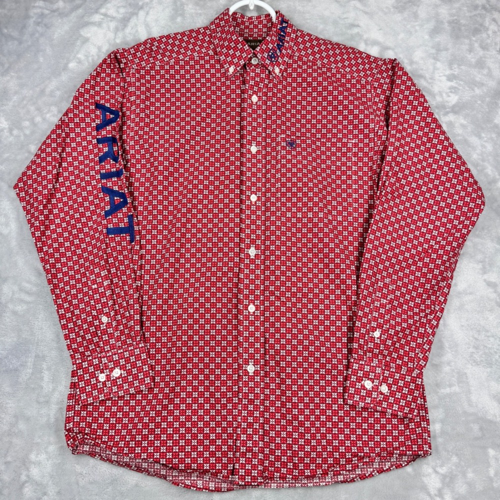 ARIAT Team Kacen Classic LS Shirt Mens S Red Heart Button Down Western Spell Out